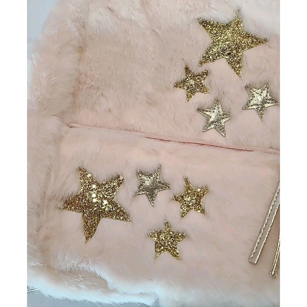 Gold Metallic Faux Fur Pink Backpack w/ Silver Gold Stars Toddler Little Girl